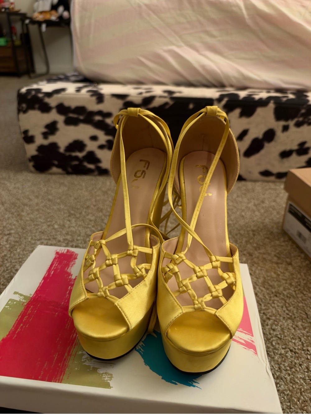 FSJ Yellow Satin Woven Platform Heels
